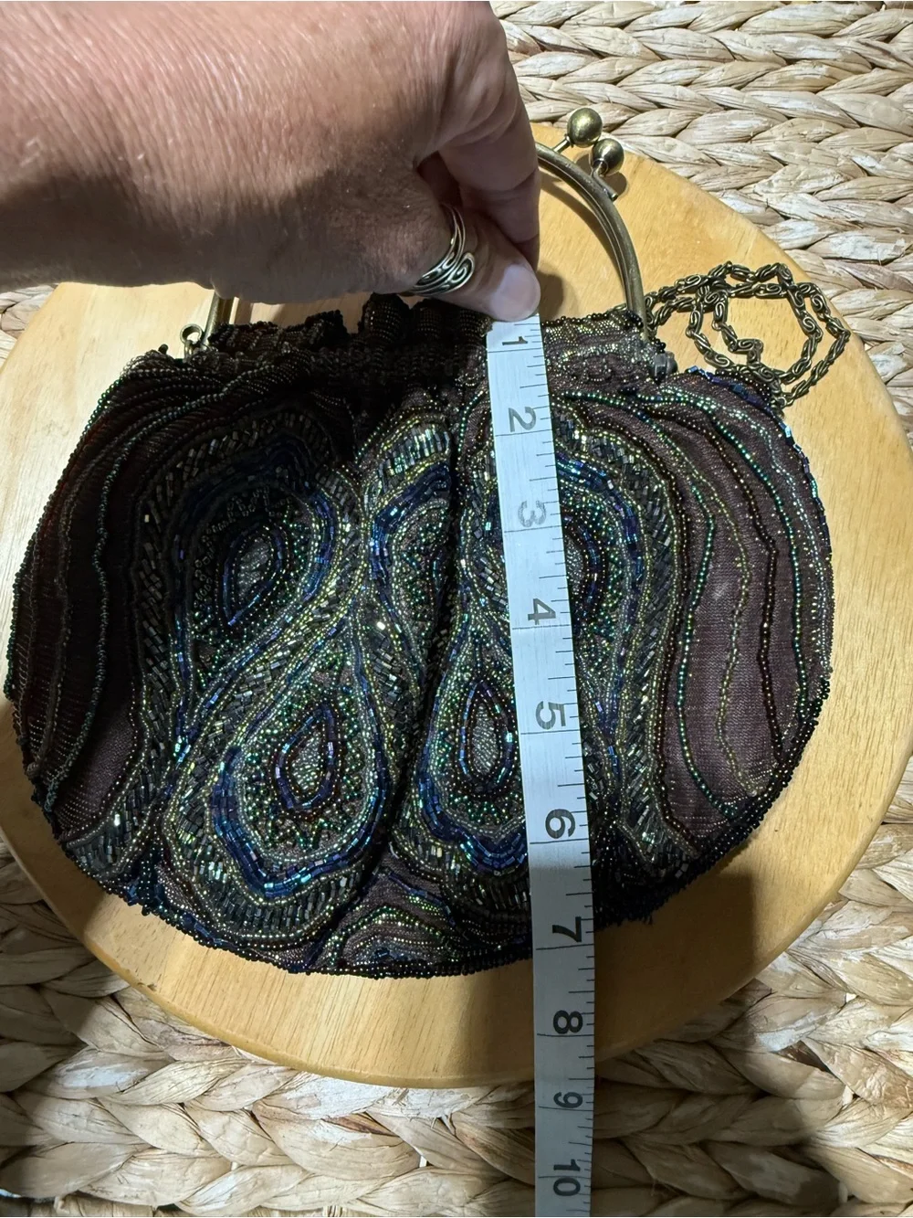 Beaded Evening Handbag in Brown with Blue-Green Accents